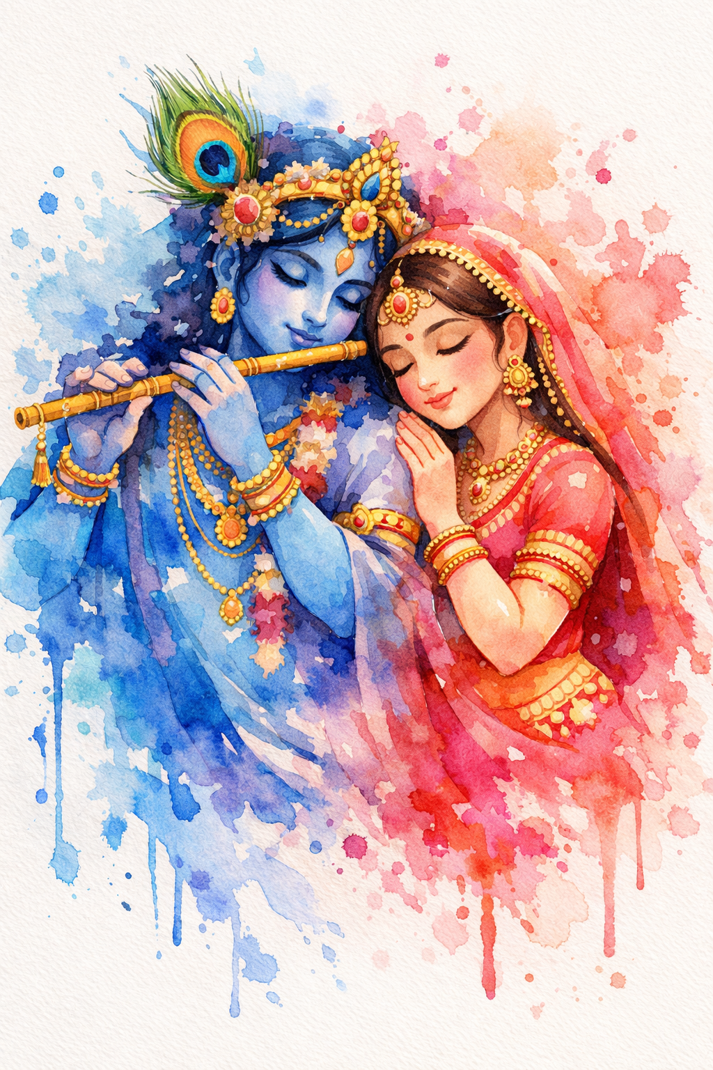 Radha Krishna watercolor splash art with vibrant color washes merging and flowing freely